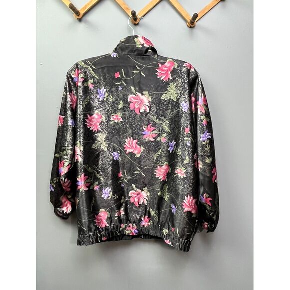 Rafael Jacket womens small black/pink floral reversible full zip Silky Retro Vtg - Picture 2 of 6